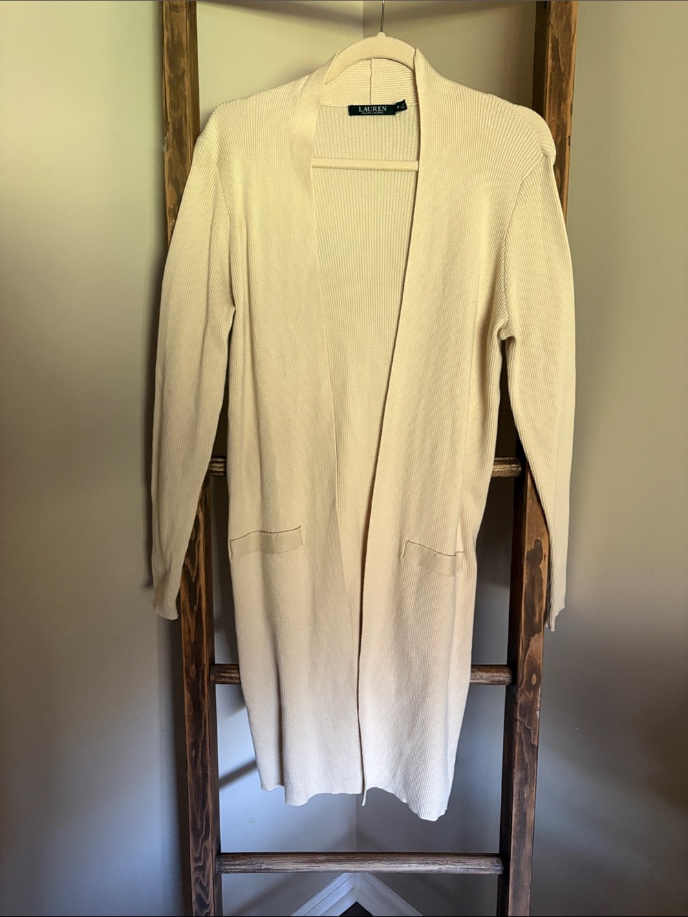 Lauren Ralph Lauren Cream Open-Front Long Cardigan Sweater-size m